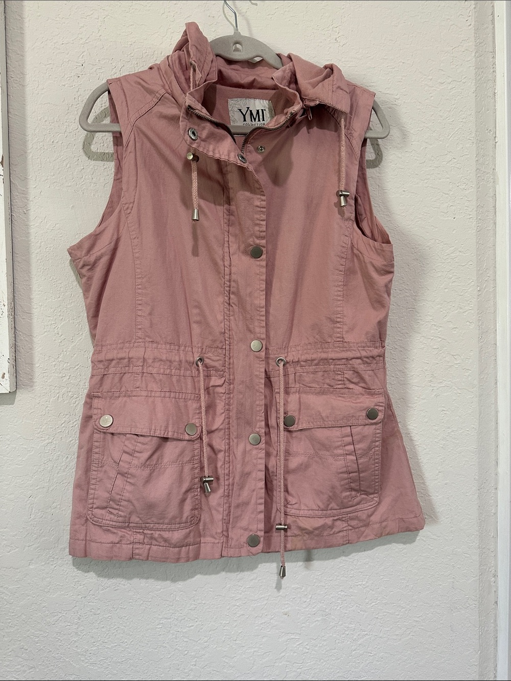 YMI Dusty Rose Sleeveless Utility Vest with Hood